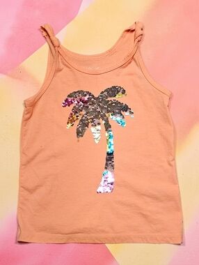 CAT & JACK Orange Tank Top with Sequin Palm Tree. Size S 6/6X.